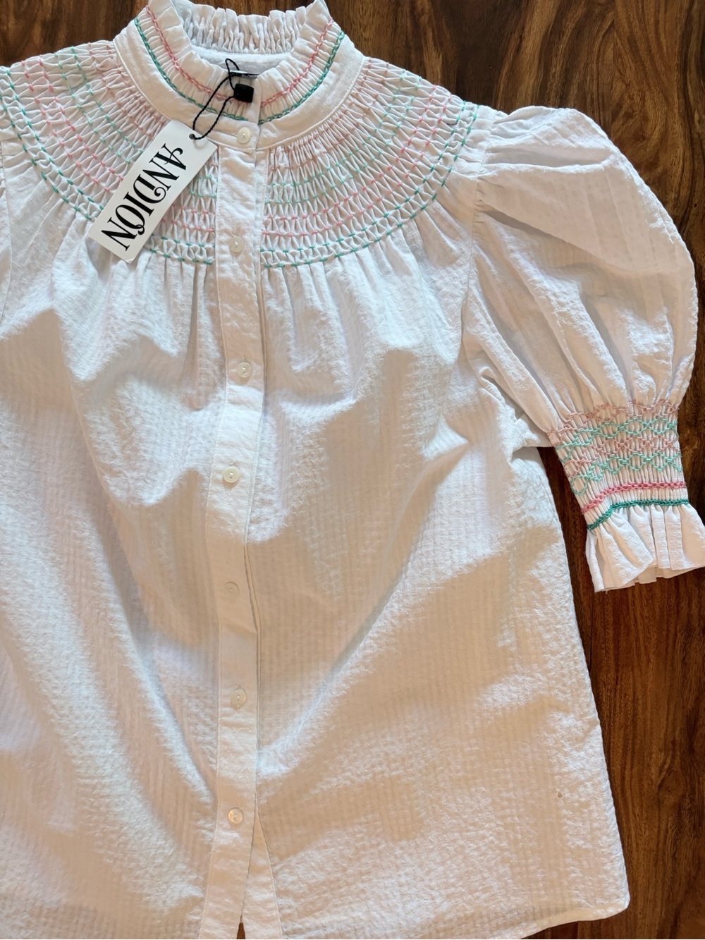NWT Andion Spain Women's Hand Smocked White Seersucker Amelia Blouse Small Shirt